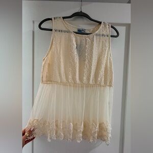 Sleeveless Lace & Tulle Cream Peplum Top